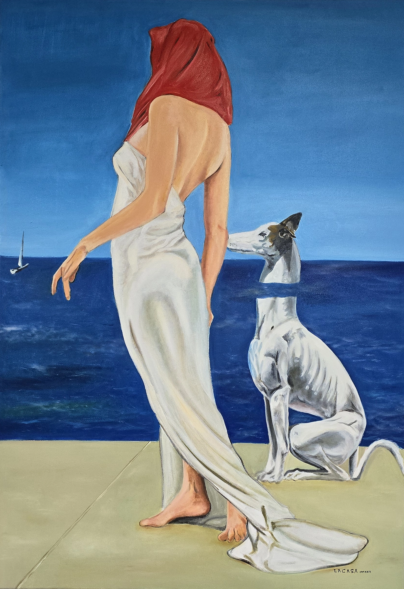Mujer de rojo sobre fondo azul-cuadro